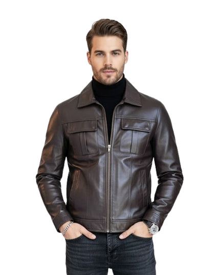 Man wearing a brown leather jacket on a white background