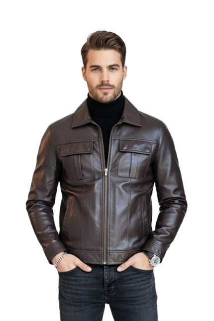 Man wearing a brown leather jacket on a white background