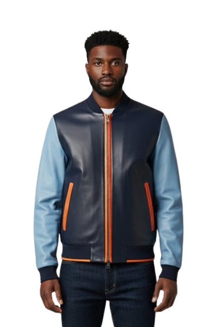 Man wearing a two-tone leather jacket with blue and black colors on a white background