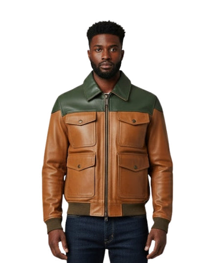 Man wearing a brown and green leather jacket on a white background