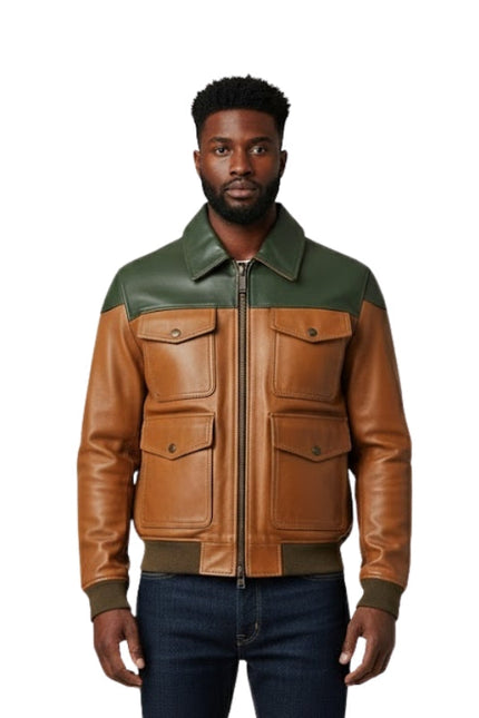 Man wearing a brown and green leather jacket on a white background