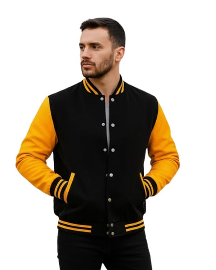 Man wearing a black and yellow varsity jacket on a white background