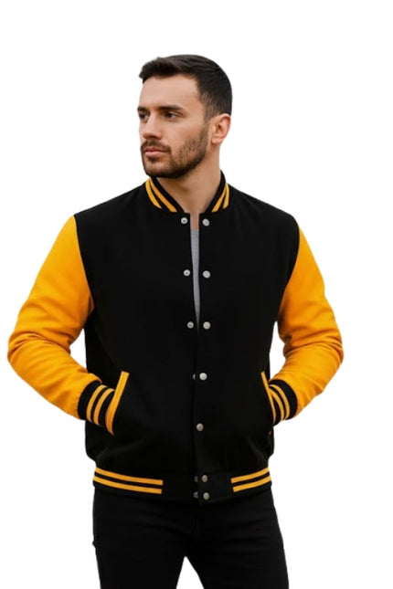 Man wearing a black and yellow varsity jacket on a white background