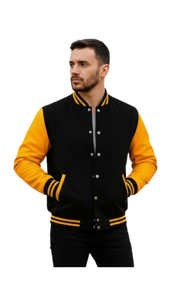 Man wearing a black and yellow varsity jacket on a white background