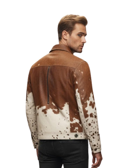 Man wearing a brown and white speckled leather jacket on a white background