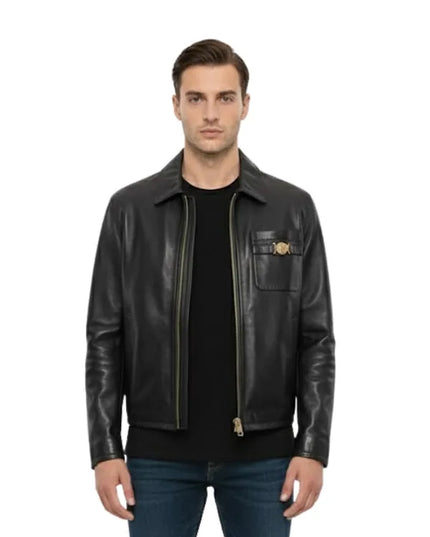 Men’s black cowhide leather jacket made with genuine leather, featuring a classic design for everyday and casual wear