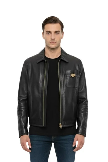Men’s black cowhide leather jacket made with genuine leather, featuring a classic design for everyday and casual wear