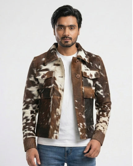 Man wearing a brown and white patterned jacket on a light gray background