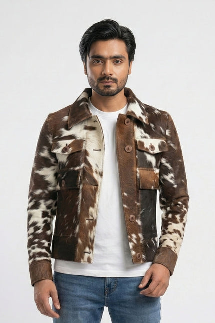 Man wearing a brown and white patterned jacket on a light gray background