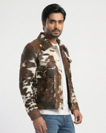 Man wearing a brown and white patterned jacket on a white background