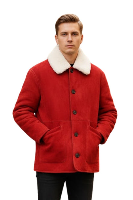 Man wearing a red coat with a white collar on a white background