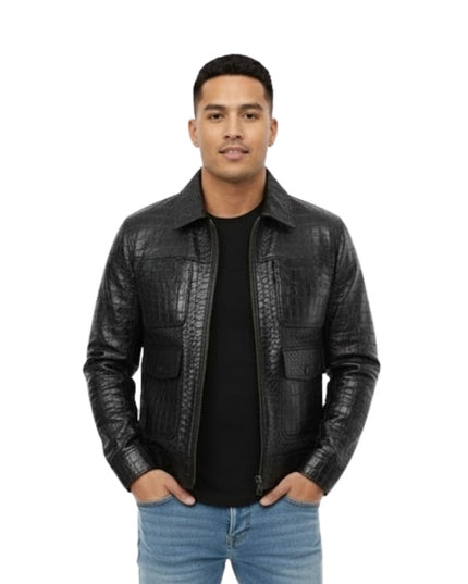 Man wearing a black leather jacket on a white background