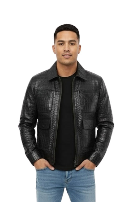 Man wearing a black leather jacket on a white background