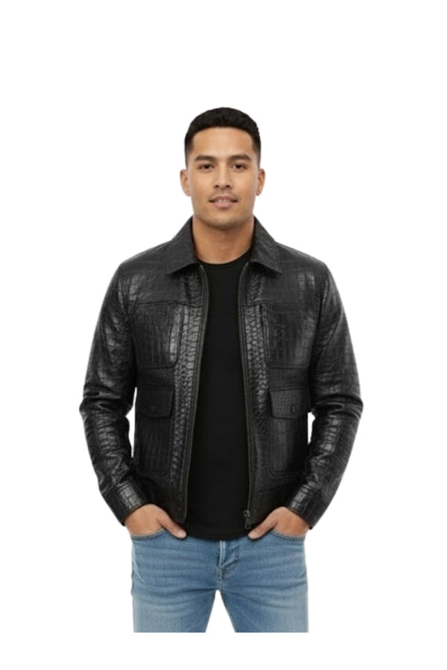 Man wearing a black leather jacket on a white background