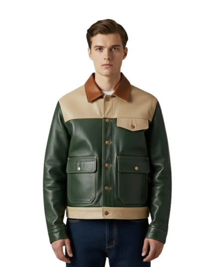 Man wearing a green and beige leather jacket on a white background