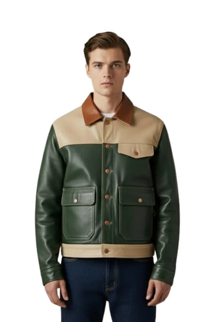 Man wearing a green and beige leather jacket on a white background