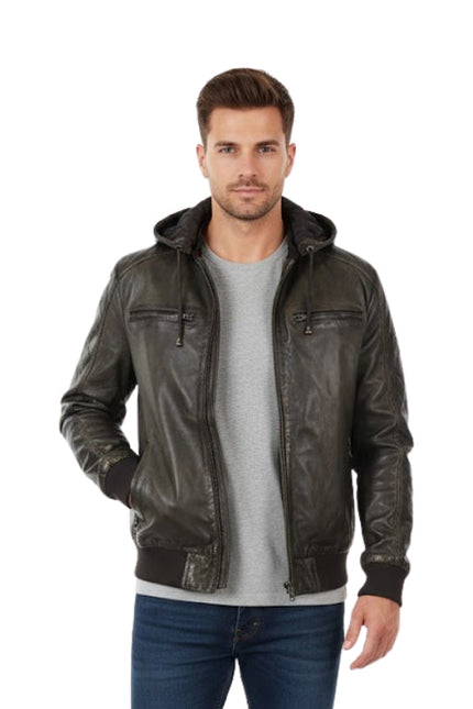Man wearing a dark leather jacket on a white background