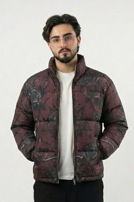 Man wearing a patterned puffer jacket on a white background