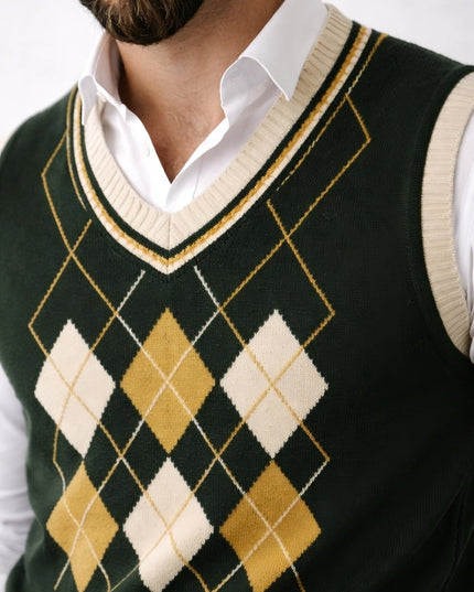 Green argyle patterned sweater vest over a white shirt