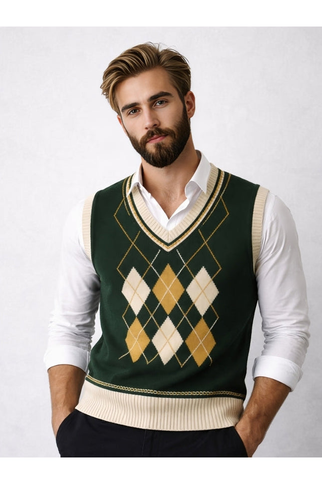 Man wearing a green argyle sweater vest over a white shirt on a plain background