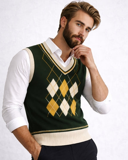 Man wearing a green argyle sweater vest over a white shirt on a white background