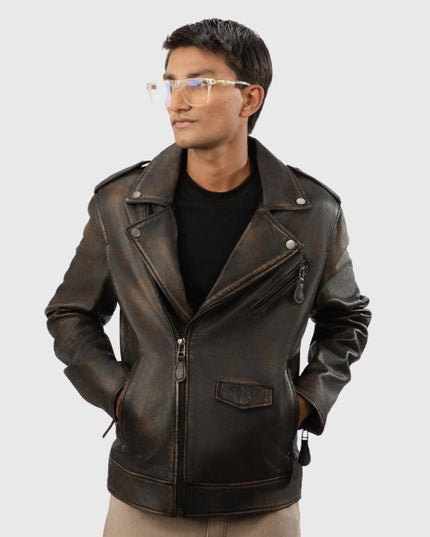 Man wearing a brown leather jacket on a white background