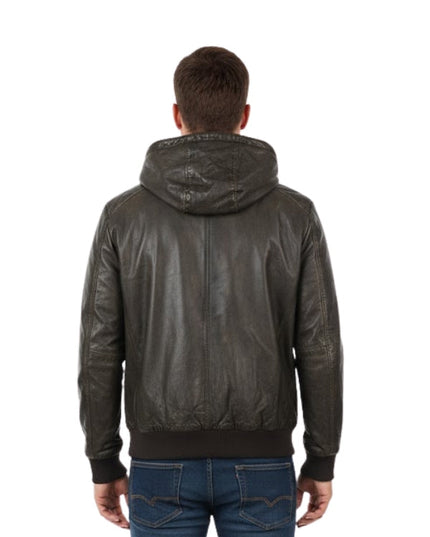 Person wearing a dark leather jacket with a hood on a white background