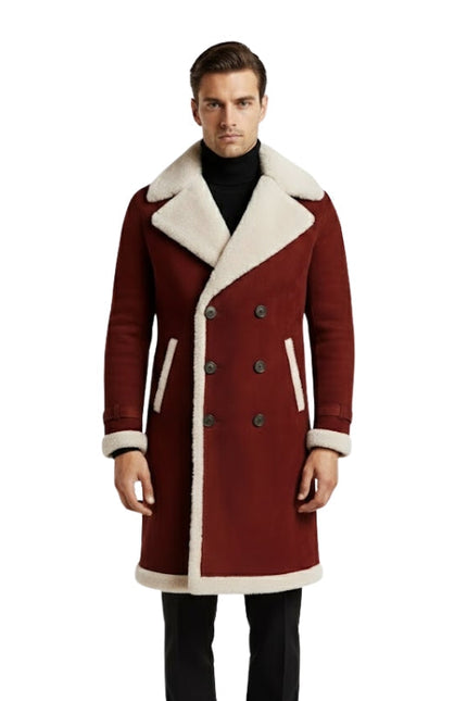 Man wearing a red coat with white fur trim on a white background