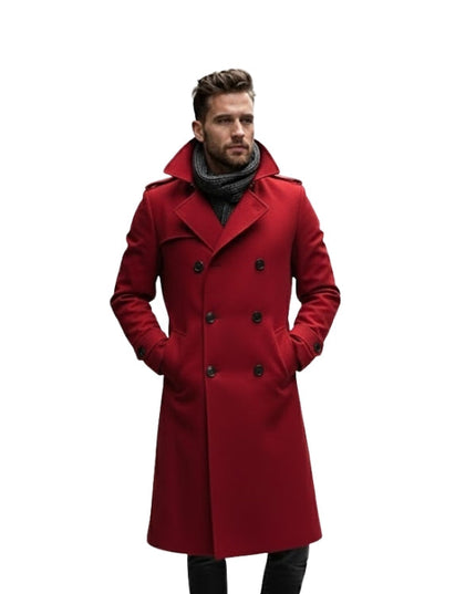 Man wearing a red coat on a white background