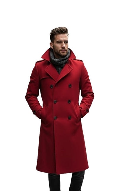 Man wearing a red coat on a white background