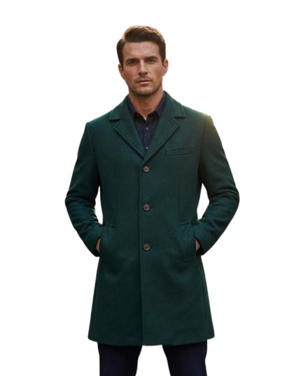 Man wearing a green coat on a white background