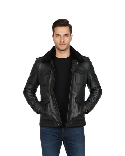 Men's Faux Leather Shearling Black Bomber Jacket