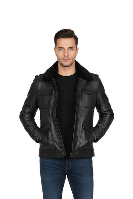 Men's Faux Leather Shearling Black Bomber Jacket