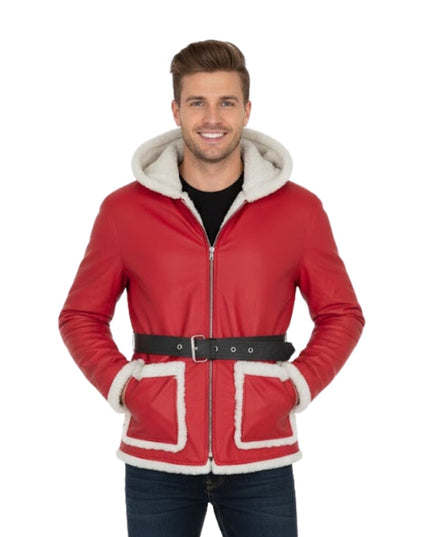 Man wearing a red jacket with white trim on a white background