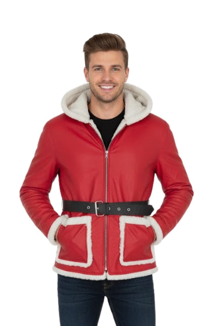 Man wearing a red jacket with white trim on a white background