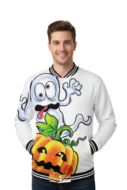 Person wearing a white sweatshirt with cartoon character design on a white background