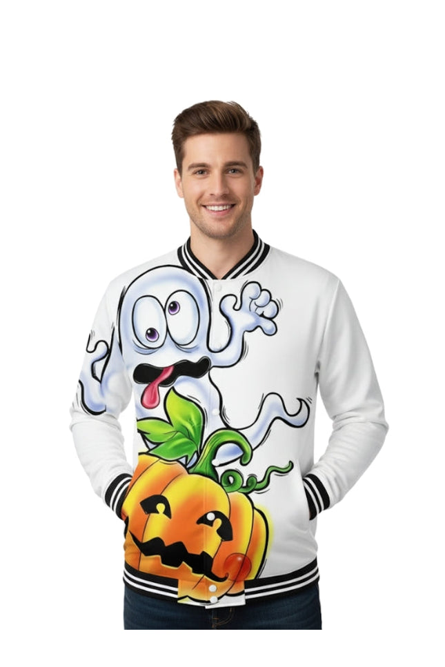 Person wearing a white sweatshirt with cartoon character design on a white background