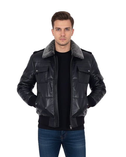Men's Fur Windproof Air Force Puffer Black Leather Jacket