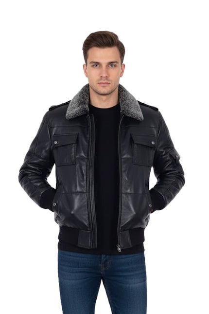 Men's Fur Windproof Air Force Puffer Black Leather Jacket