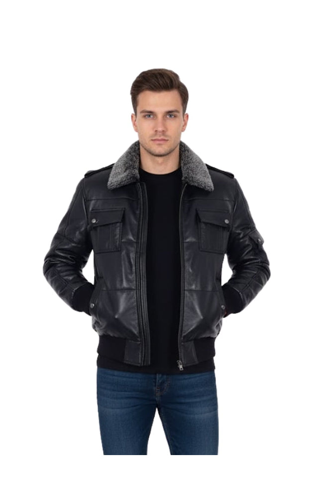 Men's Fur Windproof Air Force Puffer Black Leather Jacket