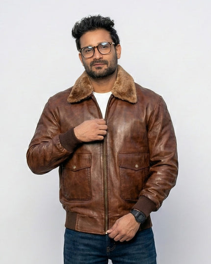 Man wearing a brown leather jacket with fur collar on a white background