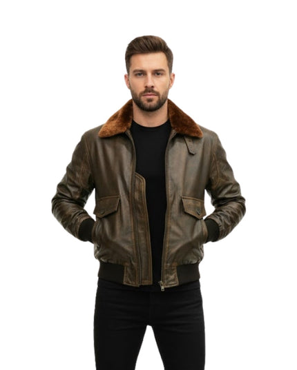 Men's G1 Aviator Distressed A-2 Raf Fur Brown Bomber Jacket