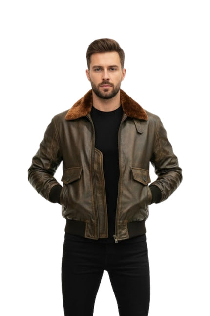 Men's G1 Aviator Distressed A-2 Raf Fur Brown Bomber Jacket