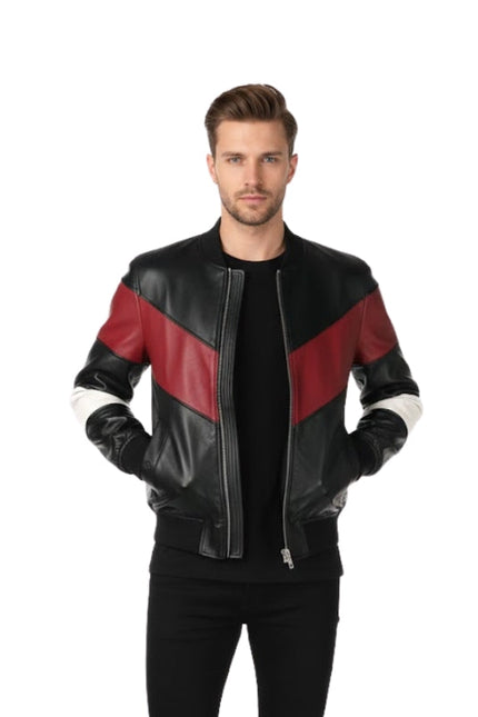 Men's Genuine Leather Multicolor Stripe Motorcycle Bomber Leather Jacket