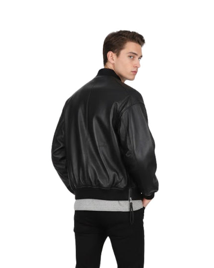 Men's Genuine Sheepskin Slim Fit Black Bomber Leather Jacket