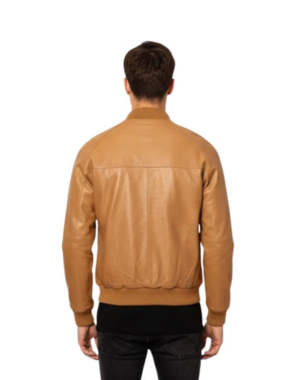 Men's Genuine Sheepskin Slim Fit Brown Motorcycle Bomber Jacket