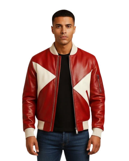 Man wearing a red leather jacket with white accents on a white background