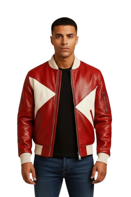 Man wearing a red leather jacket with white accents on a white background