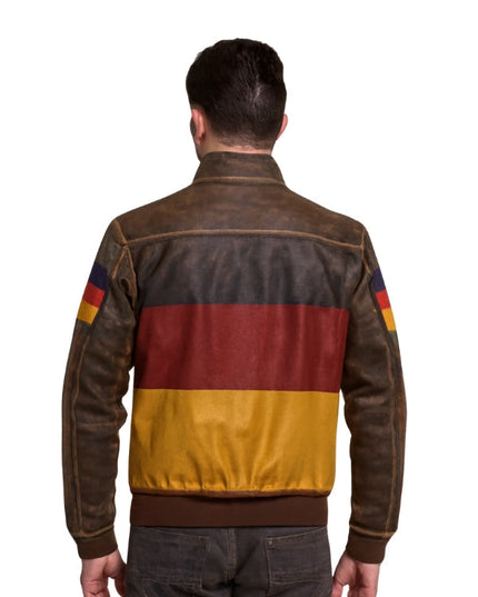 Men's German Flag Genuine Leather Bomber Jacket - Distressed Brown