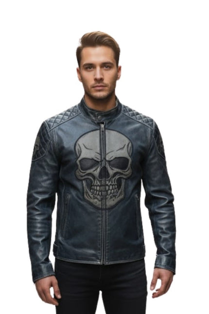 Man wearing a black leather jacket with skull design on a white background